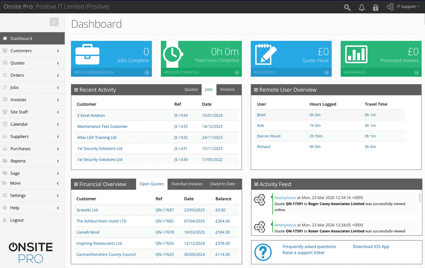 Onsite Pro app and business management dashboard